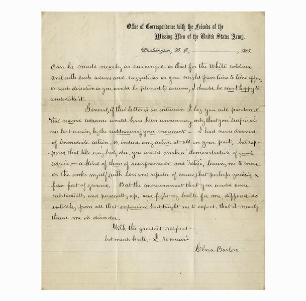 Clara Barton Autograph Letter Signed Regarding Missing Black Soldiers -- ''...in relation to the Colored Troops...this search can be made nearly as successful as that for the white soldiers...''